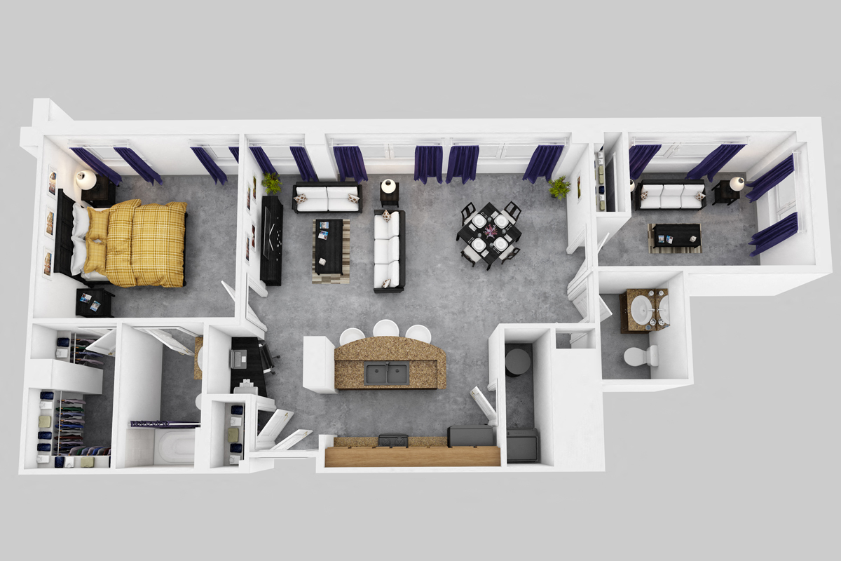 Floor plan for 2 beds, 1.5 baths, 970 sqft
